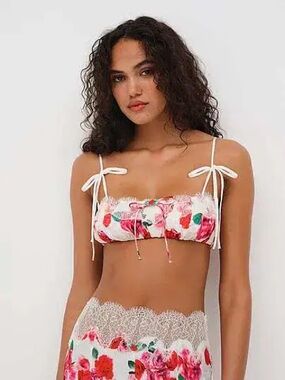 For Love And Lemons White Floral Lace Trim Bralette with Pink & Red Roses